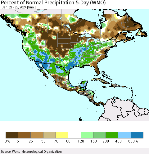 North America Percent of Normal Precipitation 5-Day (WMO) Thematic Map For 1/21/2024 - 1/25/2024