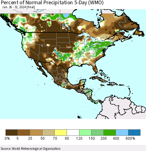 North America Percent of Normal Precipitation 5-Day (WMO) Thematic Map For 1/26/2024 - 1/31/2024