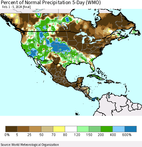 North America Percent of Normal Precipitation 5-Day (WMO) Thematic Map For 2/1/2024 - 2/5/2024