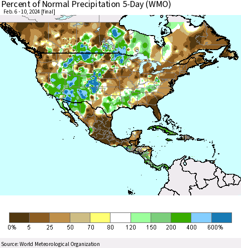 North America Percent of Normal Precipitation 5-Day (WMO) Thematic Map For 2/6/2024 - 2/10/2024