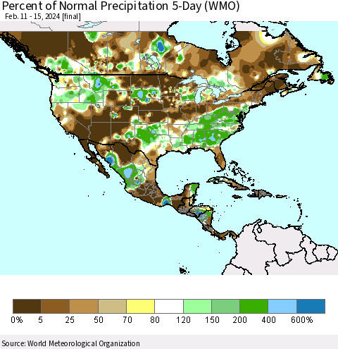 North America Percent of Normal Precipitation 5-Day (WMO) Thematic Map For 2/11/2024 - 2/15/2024