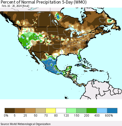 North America Percent of Normal Precipitation 5-Day (WMO) Thematic Map For 2/16/2024 - 2/20/2024