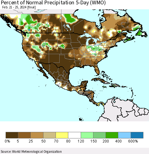 North America Percent of Normal Precipitation 5-Day (WMO) Thematic Map For 2/21/2024 - 2/25/2024