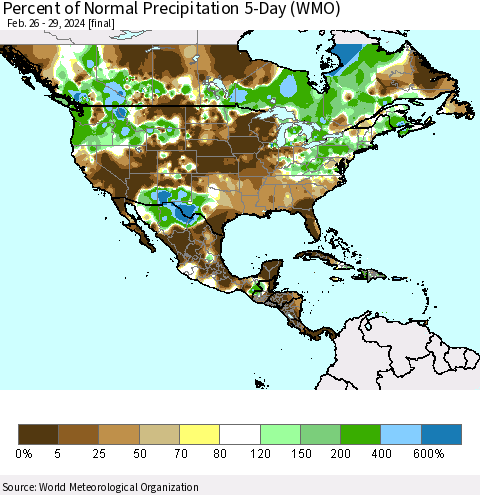 North America Percent of Normal Precipitation 5-Day (WMO) Thematic Map For 2/26/2024 - 2/29/2024