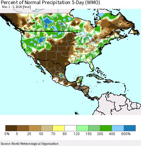 North America Percent of Normal Precipitation 5-Day (WMO) Thematic Map For 3/1/2024 - 3/5/2024