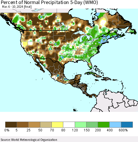 North America Percent of Normal Precipitation 5-Day (WMO) Thematic Map For 3/6/2024 - 3/10/2024