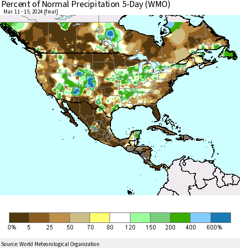 North America Percent of Normal Precipitation 5-Day (WMO) Thematic Map For 3/11/2024 - 3/15/2024