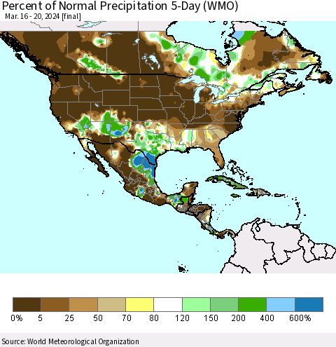 North America Percent of Normal Precipitation 5-Day (WMO) Thematic Map For 3/16/2024 - 3/20/2024