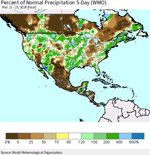 North America Percent of Normal Precipitation 5-Day (WMO) Thematic Map For 3/21/2024 - 3/25/2024