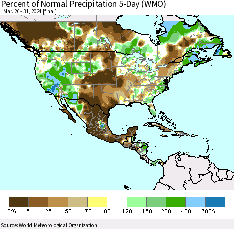 North America Percent of Normal Precipitation 5-Day (WMO) Thematic Map For 3/26/2024 - 3/31/2024