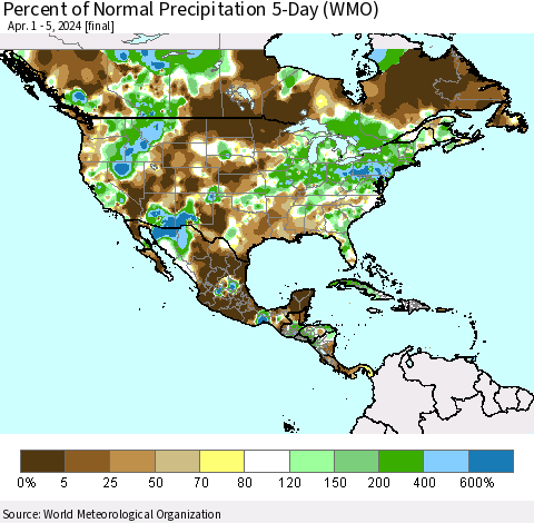 North America Percent of Normal Precipitation 5-Day (WMO) Thematic Map For 4/1/2024 - 4/5/2024