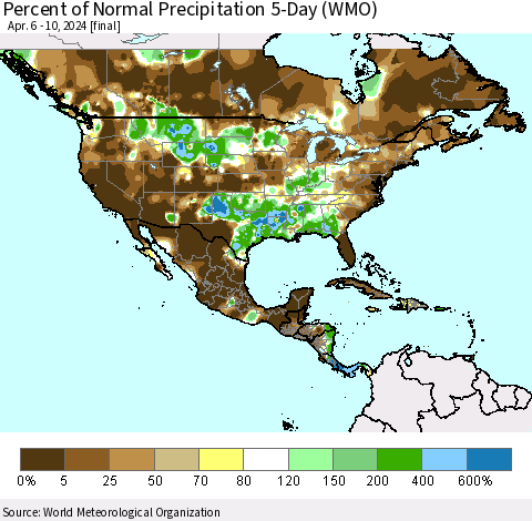 North America Percent of Normal Precipitation 5-Day (WMO) Thematic Map For 4/6/2024 - 4/10/2024