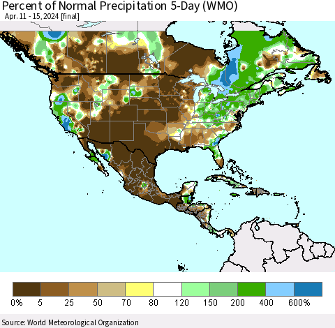 North America Percent of Normal Precipitation 5-Day (WMO) Thematic Map For 4/11/2024 - 4/15/2024