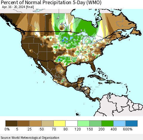 North America Percent of Normal Precipitation 5-Day (WMO) Thematic Map For 4/16/2024 - 4/20/2024
