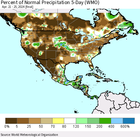 North America Percent of Normal Precipitation 5-Day (WMO) Thematic Map For 4/21/2024 - 4/25/2024