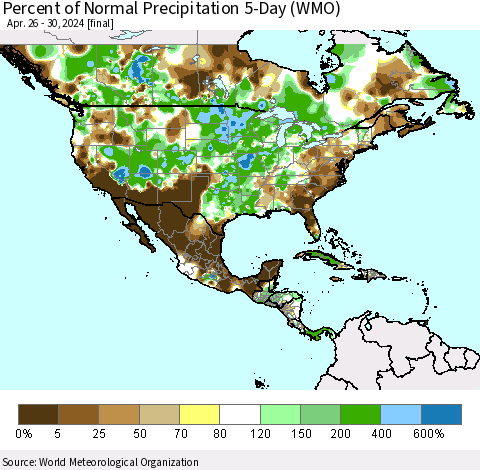 North America Percent of Normal Precipitation 5-Day (WMO) Thematic Map For 4/26/2024 - 4/30/2024