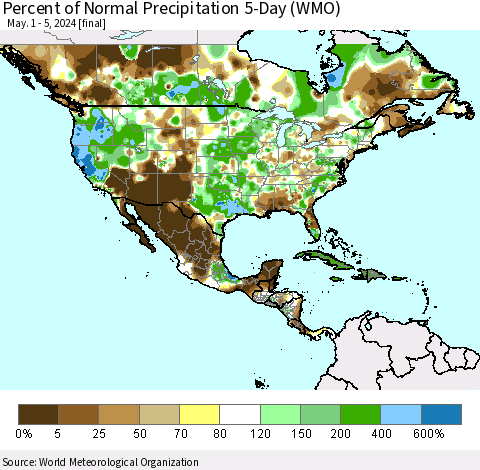North America Percent of Normal Precipitation 5-Day (WMO) Thematic Map For 5/1/2024 - 5/5/2024