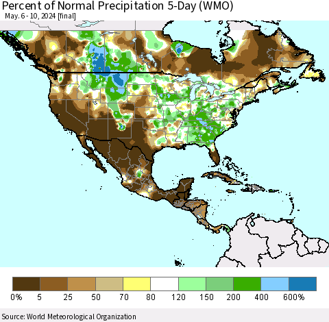 North America Percent of Normal Precipitation 5-Day (WMO) Thematic Map For 5/6/2024 - 5/10/2024