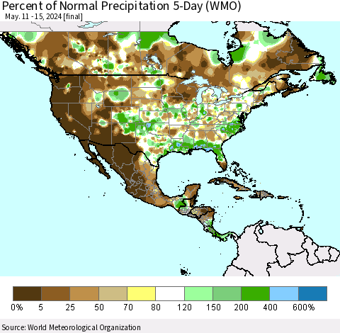 North America Percent of Normal Precipitation 5-Day (WMO) Thematic Map For 5/11/2024 - 5/15/2024
