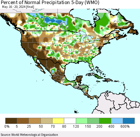 North America Percent of Normal Precipitation 5-Day (WMO) Thematic Map For 5/16/2024 - 5/20/2024