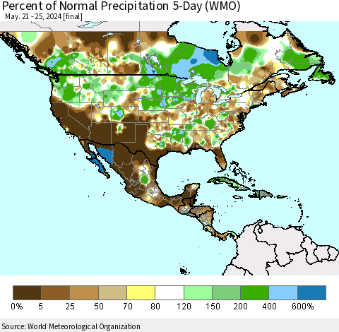 North America Percent of Normal Precipitation 5-Day (WMO) Thematic Map For 5/21/2024 - 5/25/2024