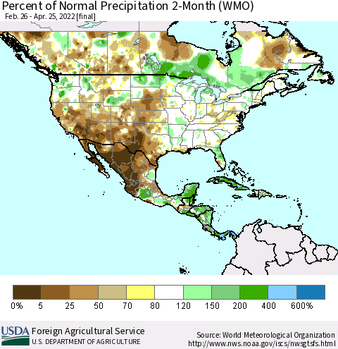 North America Percent of Normal Precipitation 2-Month (WMO) Thematic Map For 2/26/2022 - 4/25/2022