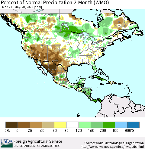 North America Percent of Normal Precipitation 2-Month (WMO) Thematic Map For 3/21/2022 - 5/20/2022