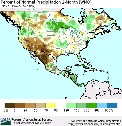 North America Percent of Normal Precipitation 2-Month (WMO) Thematic Map For 3/26/2022 - 5/25/2022