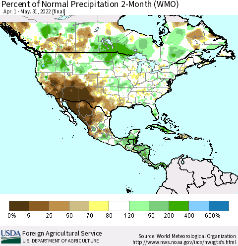 North America Percent of Normal Precipitation 2-Month (WMO) Thematic Map For 4/1/2022 - 5/31/2022
