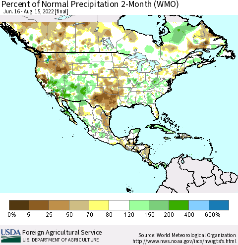 North America Percent of Normal Precipitation 2-Month (WMO) Thematic Map For 6/16/2022 - 8/15/2022