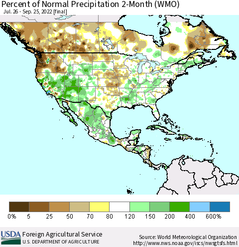 North America Percent of Normal Precipitation 2-Month (WMO) Thematic Map For 7/26/2022 - 9/25/2022