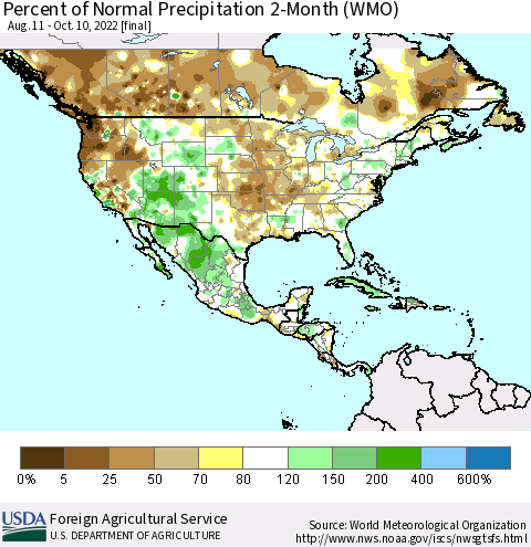 North America Percent of Normal Precipitation 2-Month (WMO) Thematic Map For 8/11/2022 - 10/10/2022