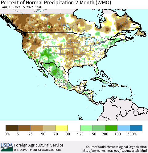 North America Percent of Normal Precipitation 2-Month (WMO) Thematic Map For 8/16/2022 - 10/15/2022