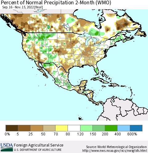North America Percent of Normal Precipitation 2-Month (WMO) Thematic Map For 9/16/2022 - 11/15/2022