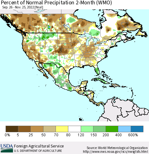 North America Percent of Normal Precipitation 2-Month (WMO) Thematic Map For 9/26/2022 - 11/25/2022