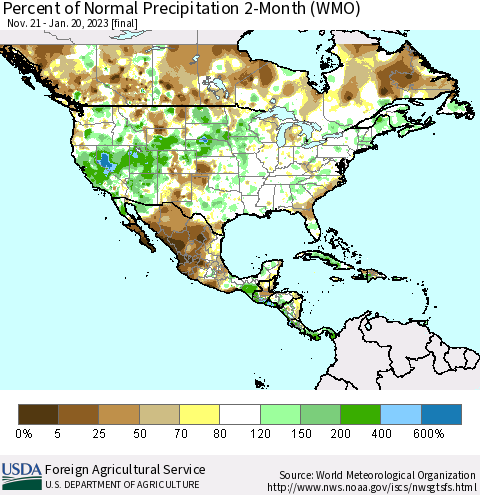 North America Percent of Normal Precipitation 2-Month (WMO) Thematic Map For 11/21/2022 - 1/20/2023