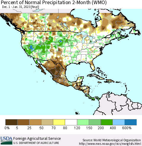 North America Percent of Normal Precipitation 2-Month (WMO) Thematic Map For 12/1/2022 - 1/31/2023
