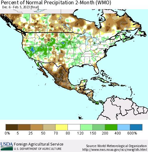 North America Percent of Normal Precipitation 2-Month (WMO) Thematic Map For 12/6/2022 - 2/5/2023