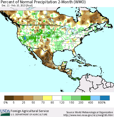 North America Percent of Normal Precipitation 2-Month (WMO) Thematic Map For 12/11/2022 - 2/10/2023