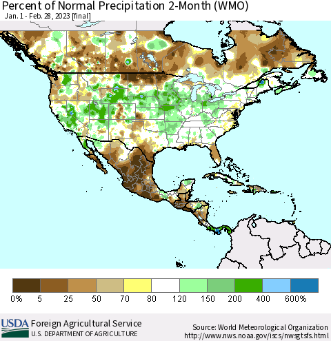 North America Percent of Normal Precipitation 2-Month (WMO) Thematic Map For 1/1/2023 - 2/28/2023
