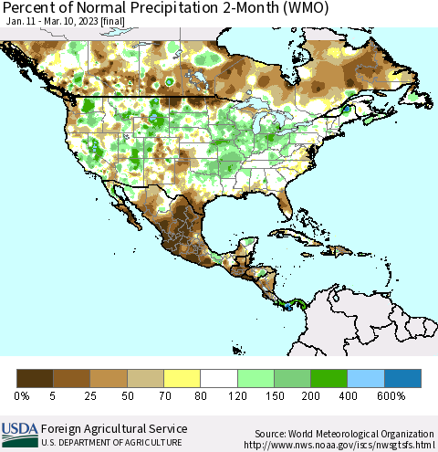 North America Percent of Normal Precipitation 2-Month (WMO) Thematic Map For 1/11/2023 - 3/10/2023