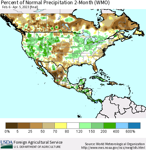 North America Percent of Normal Precipitation 2-Month (WMO) Thematic Map For 2/6/2023 - 4/5/2023