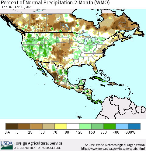 North America Percent of Normal Precipitation 2-Month (WMO) Thematic Map For 2/16/2023 - 4/15/2023