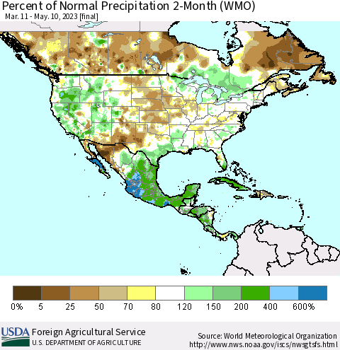 North America Percent of Normal Precipitation 2-Month (WMO) Thematic Map For 3/11/2023 - 5/10/2023