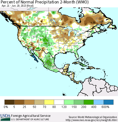 North America Percent of Normal Precipitation 2-Month (WMO) Thematic Map For 4/21/2023 - 6/20/2023
