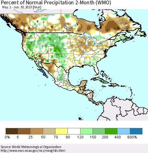 North America Percent of Normal Precipitation 2-Month (WMO) Thematic Map For 5/1/2023 - 6/30/2023