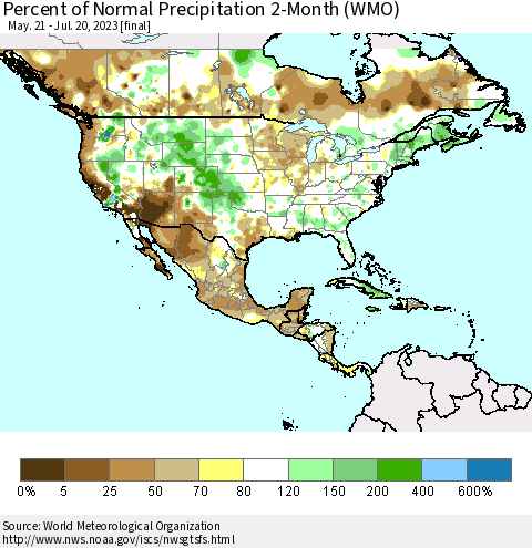 North America Percent of Normal Precipitation 2-Month (WMO) Thematic Map For 5/21/2023 - 7/20/2023