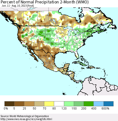 North America Percent of Normal Precipitation 2-Month (WMO) Thematic Map For 6/11/2023 - 8/10/2023