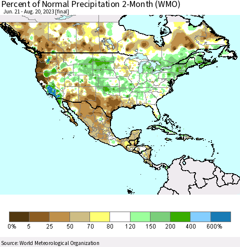 North America Percent of Normal Precipitation 2-Month (WMO) Thematic Map For 6/21/2023 - 8/20/2023