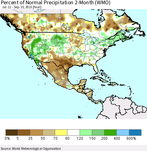 North America Percent of Normal Precipitation 2-Month (WMO) Thematic Map For 7/11/2023 - 9/10/2023
